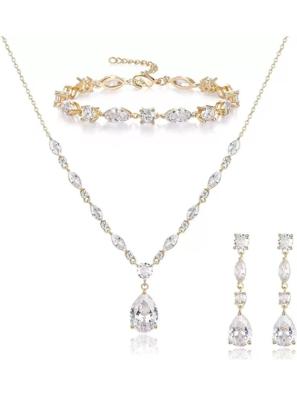 Elegant Bridal Teardrop Jewelry Set: Cubic Zirconia Necklace, Earrings
